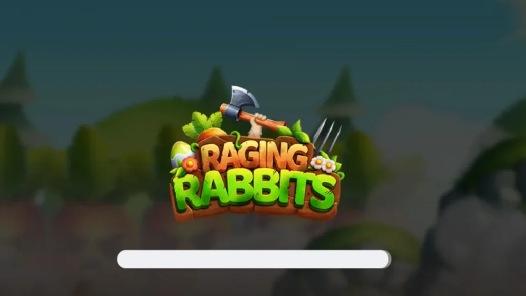 Karakter kelinci kartun dalam slot Raging Rabbits dengan latar belakang medan perang.