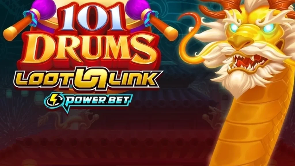Tampilan antarmuka permainan slot 101 Drums dengan desain 5 gulungan yang bersih.