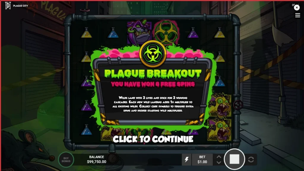 Tampilan visual slot Plague City dengan tema laboratorium apokaliptik