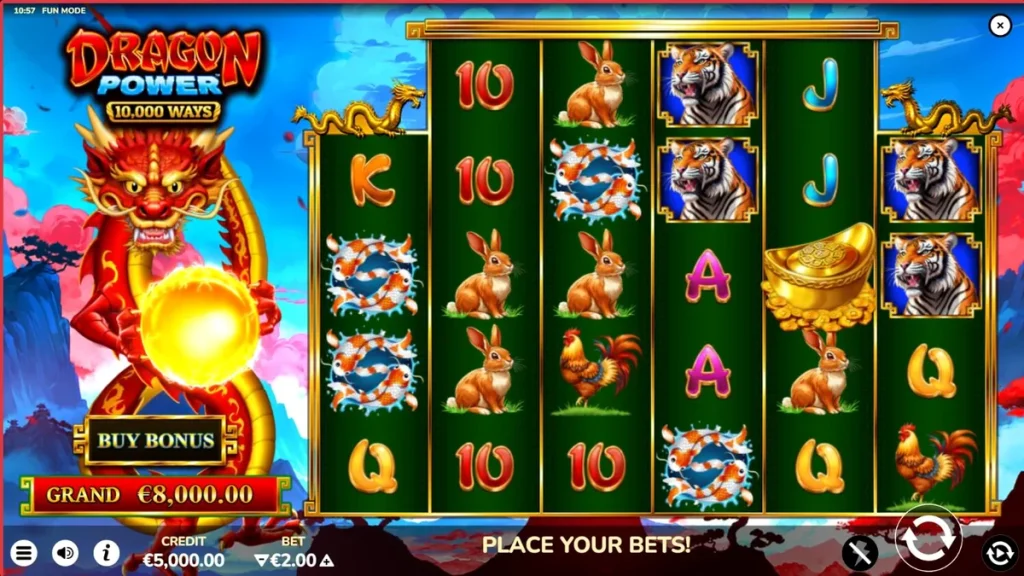 Dragon Power 10,000 Ways slot machine interface with golden dragon and temple background