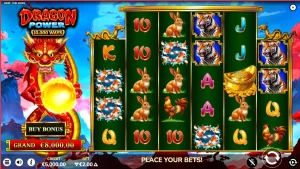 Dragon Power 10,000 Ways slot machine interface with golden dragon and temple background